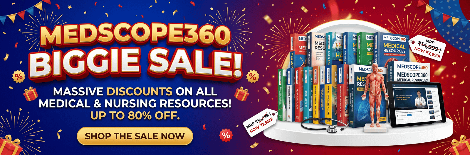 Promo banner for MedScope360 BIGGIE SALE! offering massive discounts of up to 80% off on all medical and nursing resources. The festive orange, magenta, and gold banner features a 'SHOP THE SALE NOW' button alongside a 3D display of medical textbooks, an 