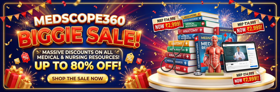 MedScope360 BIGGIE SALE! festive banner with 'UP TO 80% OFF!' and 'SHOP THE SALE NOW'. High-energy design in magenta and gold with festive garlands, showcasing study bundles, medical textbooks, an anatomical model, and online video courses on a 3D podium.