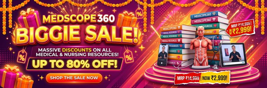 Festive e-commerce banner for the MedScope360 BIGGIE SALE, advertising up to 80% off on all medical and nursing resources. Includes a call-to-action button 'SHOP THE SALE NOW' with 3D graphics of medical textbooks, a stethoscope, an anatomy model, and edu